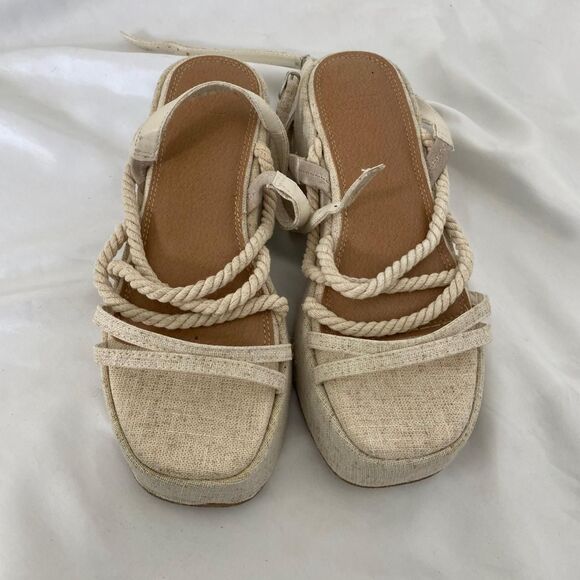 Asos Design Tan Cream Linen Look Boho Platform Lace Up Rope Sandals US 5 - Picture 2 of 6
